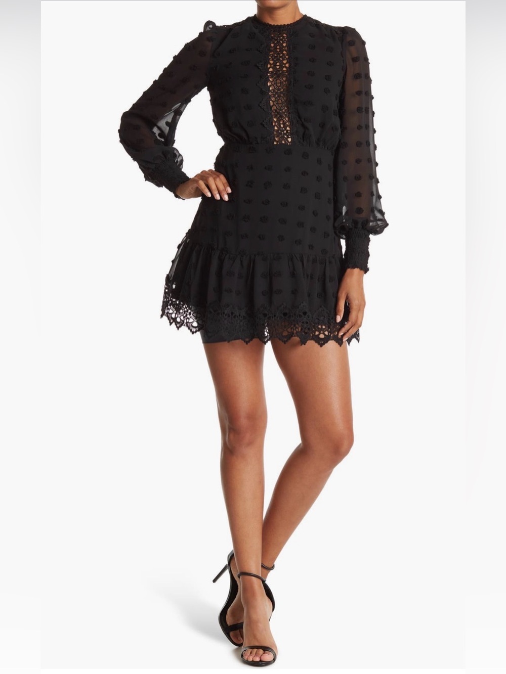 By Design Rina Long sleeve Dotted Chiffon Lace Trim Dress Size L